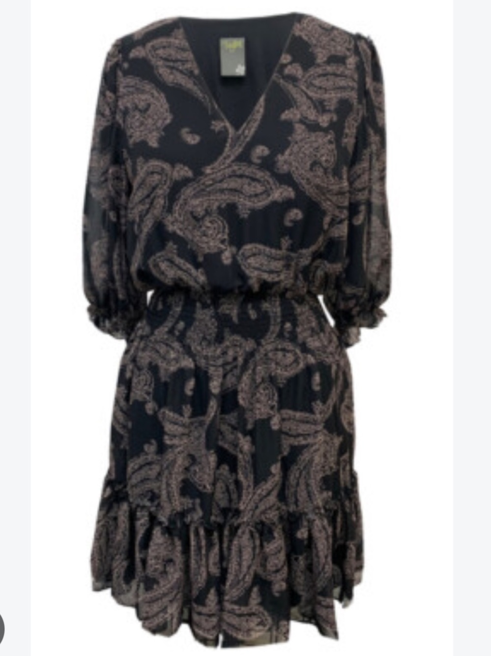 Taylor Black Paisley-Print 3/4 Sleeve Tiered Dress